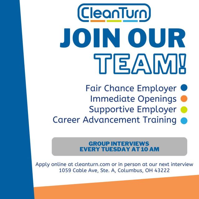See you tomorrow at our group interviews!
.
.
.

#cleaningcompany #columbuscompany #locallyowned #centralohio #fairchanceemployer #changingperceptions #cleanturnway #nowhiring #commercialcleaning #janitorialservices #columbusohio #columbus #ohio #cbus #lifeincbus #onlyincbus #columbusoh #fairchance #secondchances #socialimpact #supportiveemployer #felonfriendly #smallbusiness #cleaning #cleaningtips #shatteringthemyth #shatterthemyth #movingforward #reentry